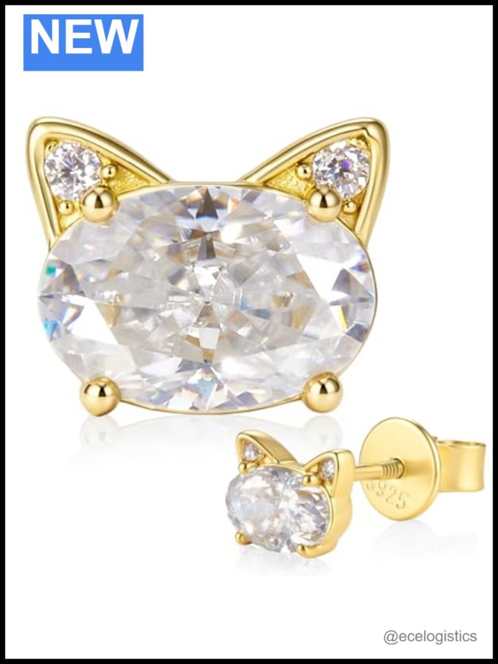 Cat Stud Earrings Moissanite White Gold Plated 925 Sterling Silver Screw Back